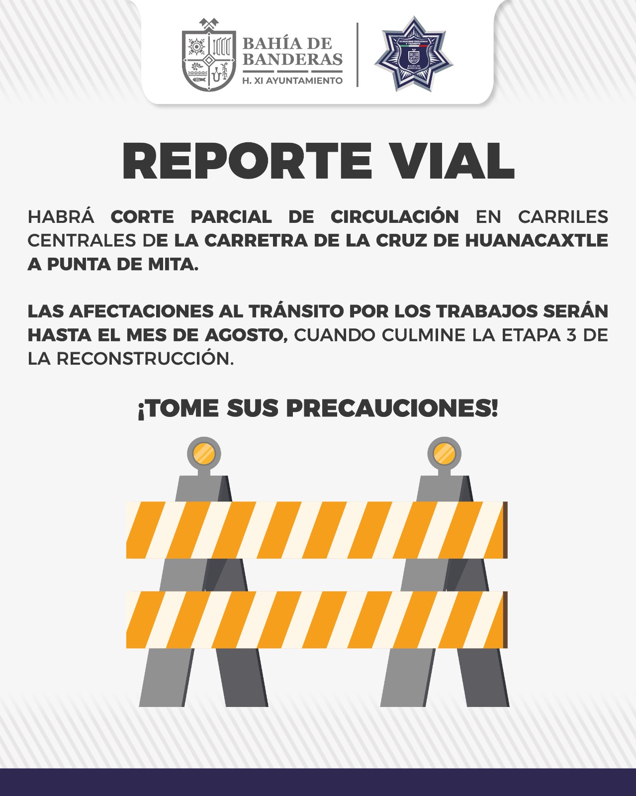 Habrá corte parcial de circulación en carriles centrales en La Cruz de Huanacaxtle por trabajos en la vía